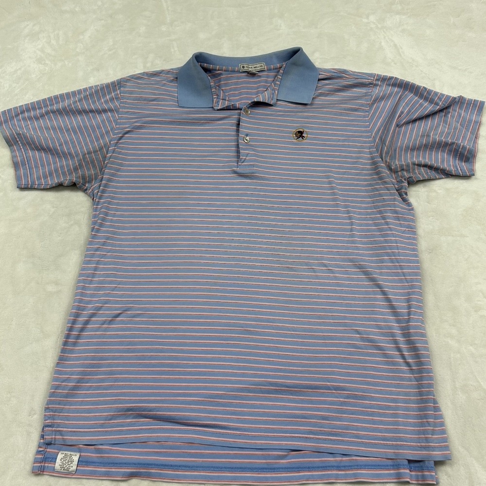 Peter Millar Polo Shirt Mens Large Blue Pink Striped Cotton Golf Short Sleeve